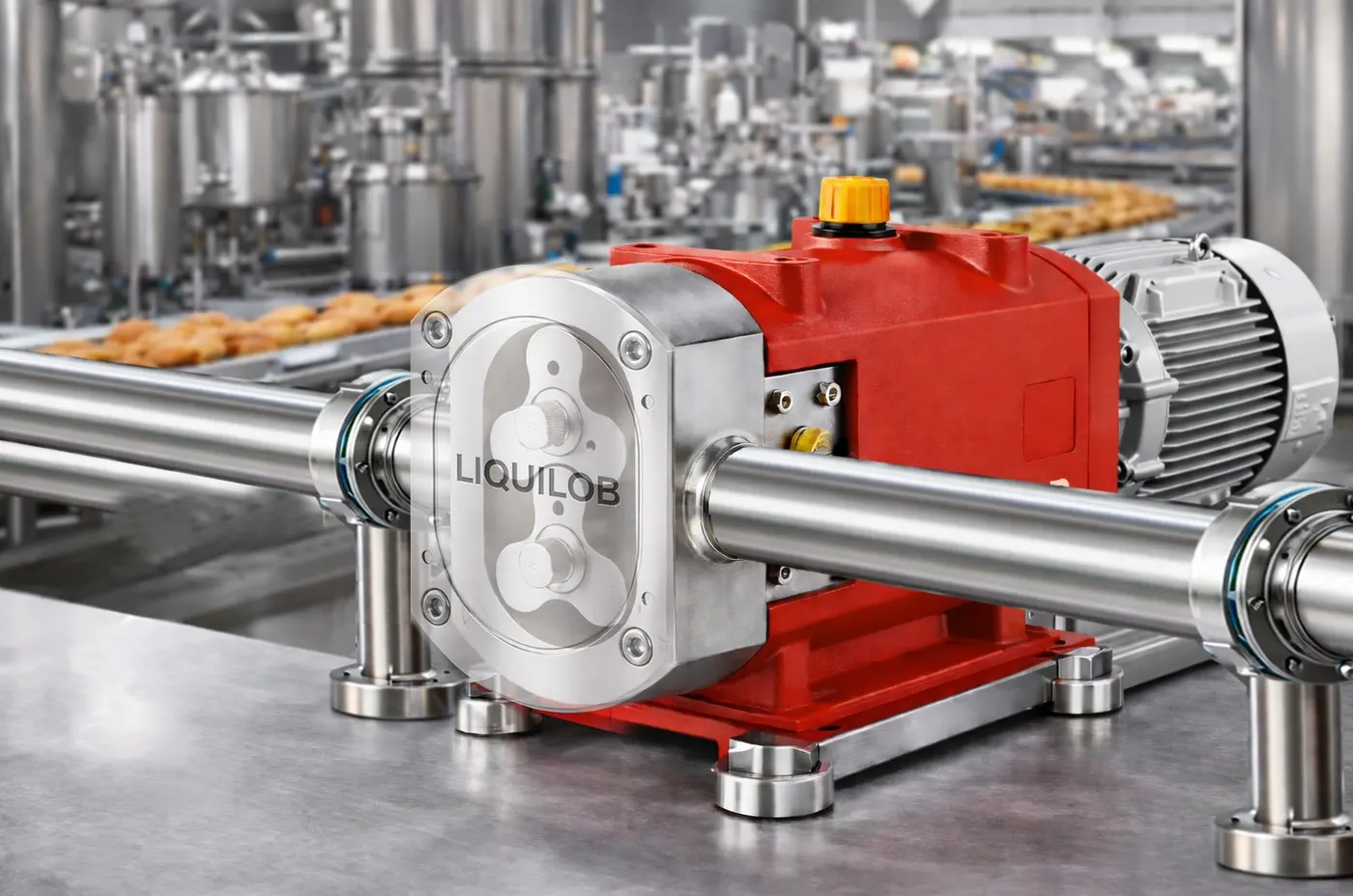 Gıda üretim hattına kurulu Liquilob loblu pompa ve redüktörlü motor grubu